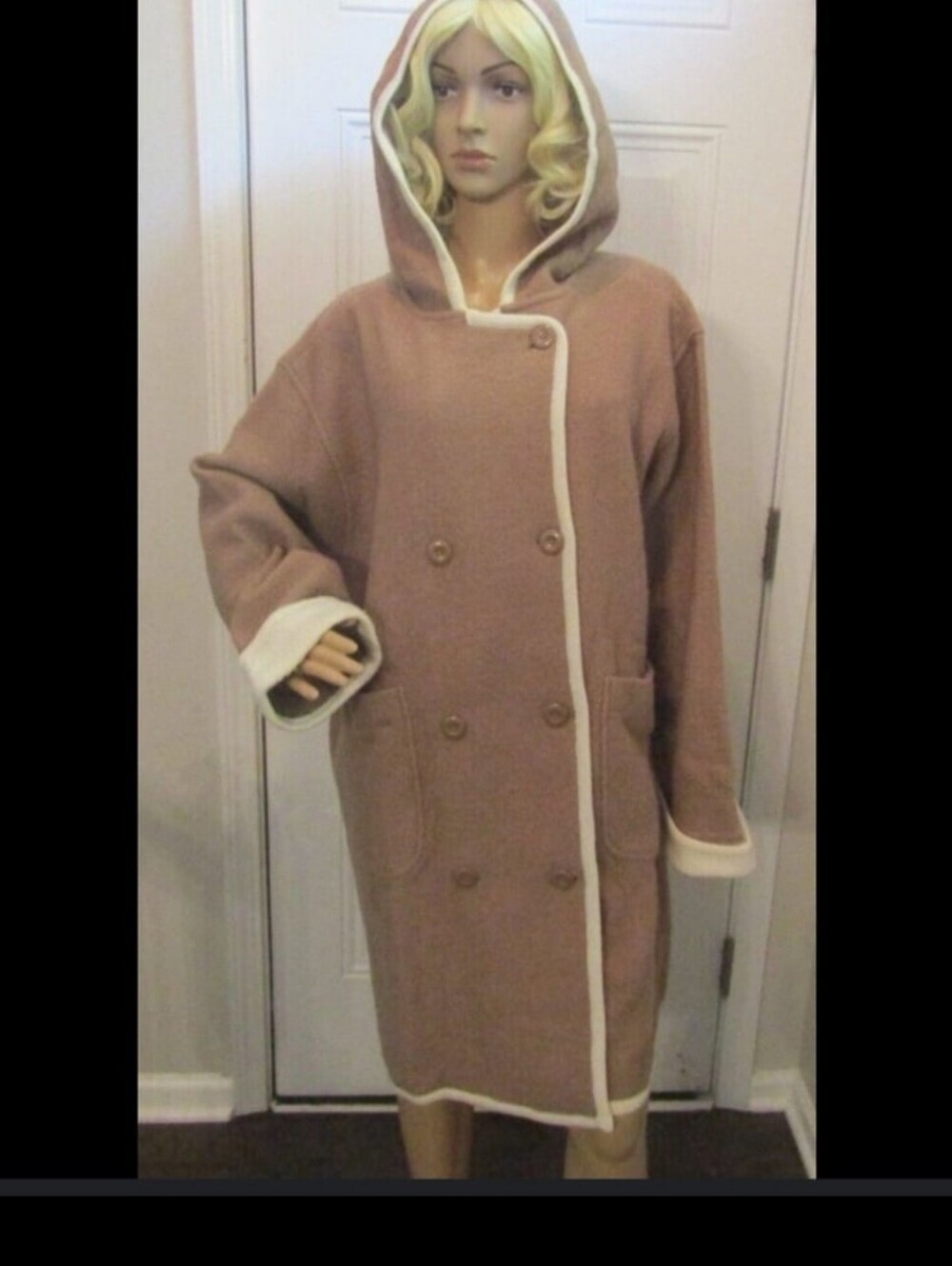 Hooded Double-Breasted Camel Coat with Cream Trim